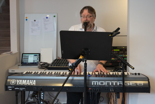 Joe playing keyboards at the Shades of Grey band practice in Barrhaven, Ontario, April 5, 2017. Photo by Garth Gullekson